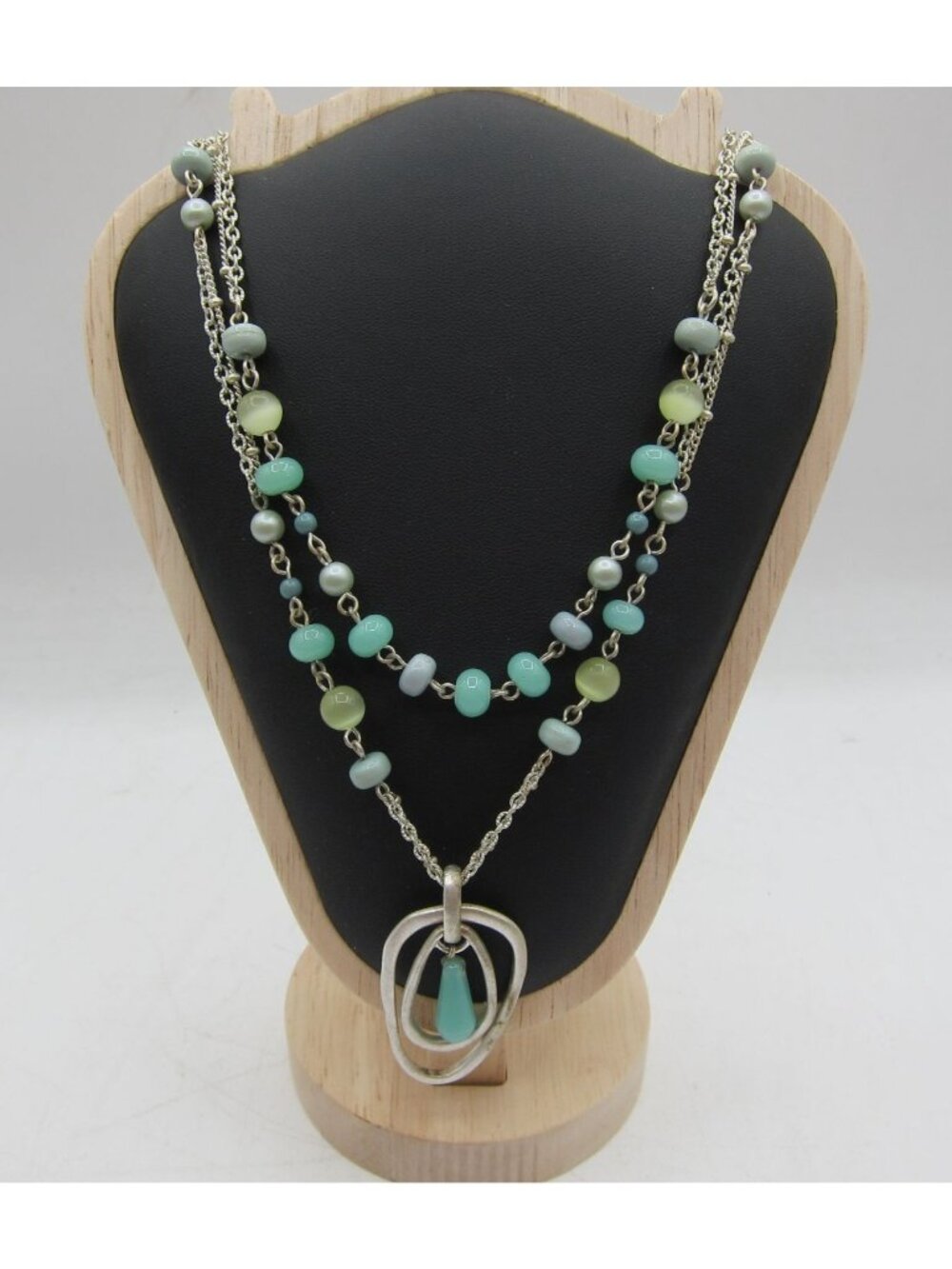 Layered Silver Necklace With Aqua Beads & Abstract Pendant 17.5” Length Lobster